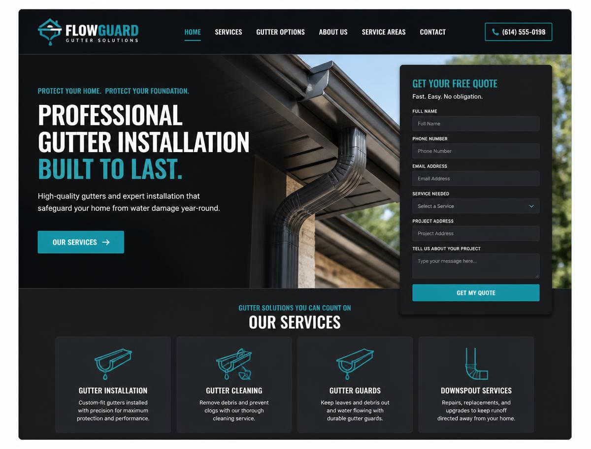 Website design concept for a gutter installation company with an inline quote form