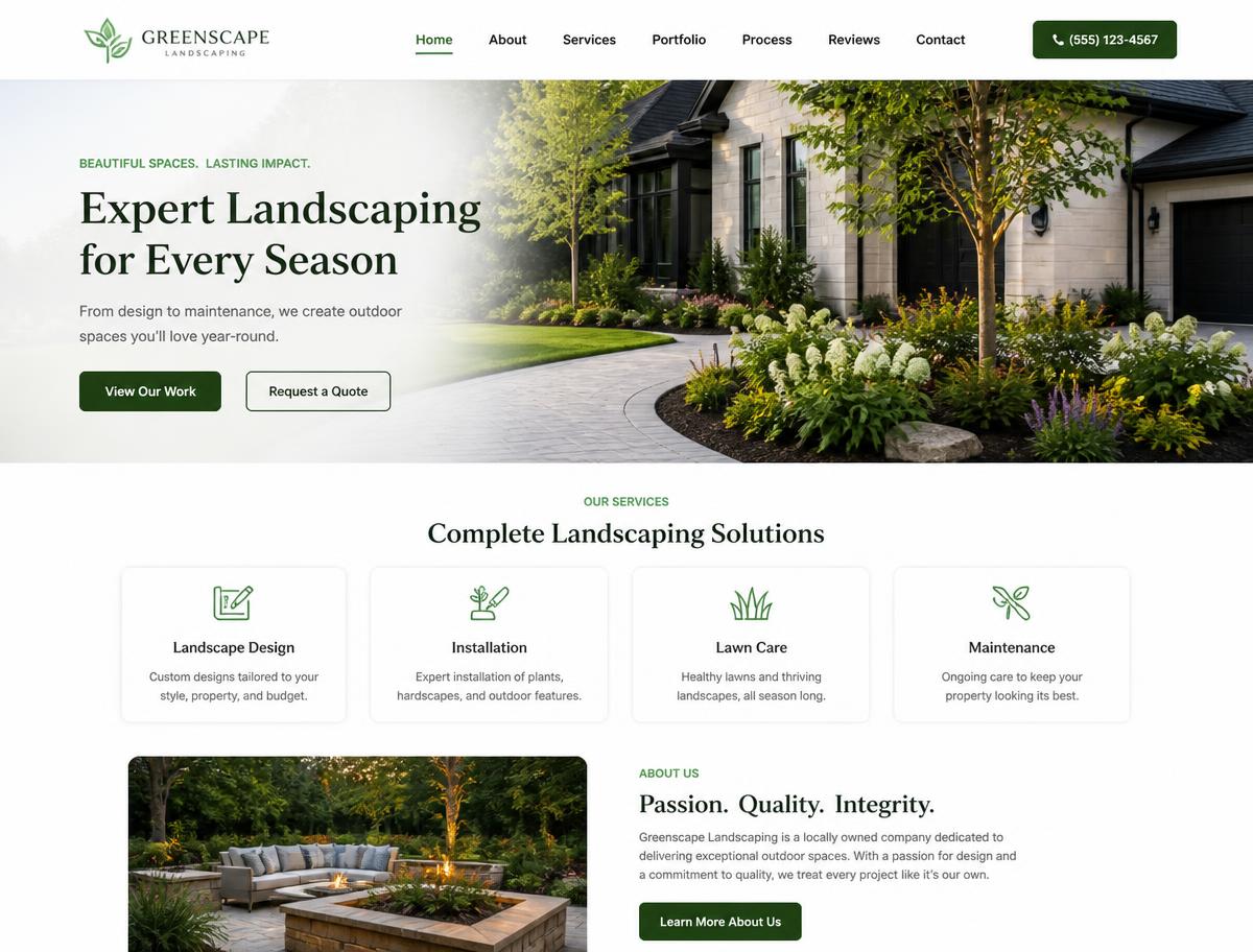 Website design concept for a landscaping company homepage with large project photography