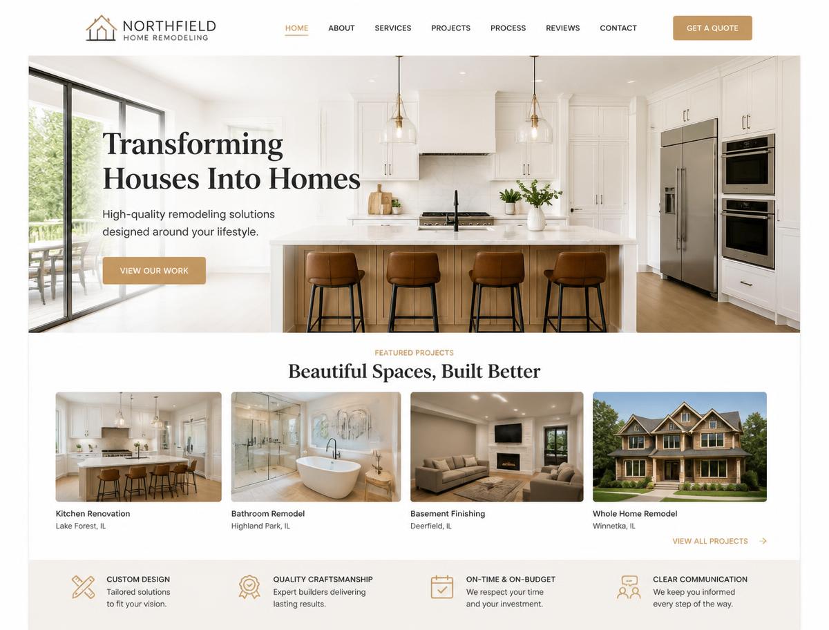 Website design concept for a home remodeling company with an interior photo gallery